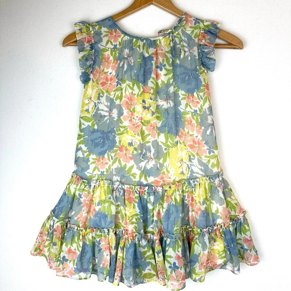 Ralph Lauren Chiffon Watercolor Floral Flutter Sleeve Tiered Dress Party